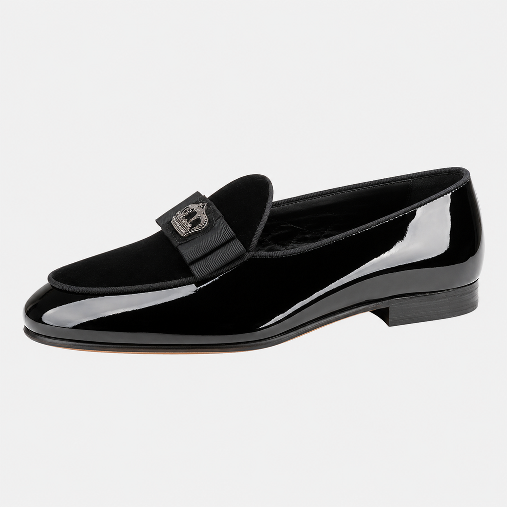 Mens Black Patent Leather Loafers – Handcrafted Crown Embroidery British Style Bow Tie Shoes