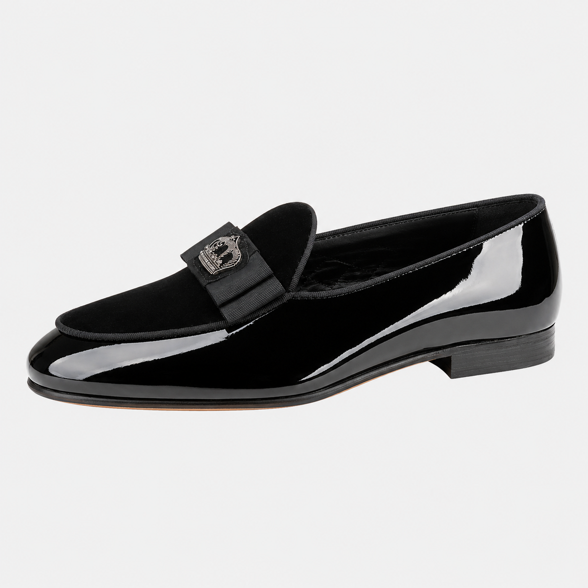 Mens Black Patent Leather Loafers – Handcrafted Crown Embroidery British Style Bow Tie Shoes