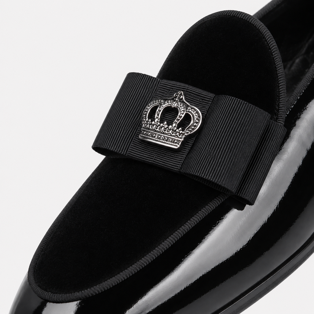 Mens Black Patent Leather Loafers – Handcrafted Crown Embroidery British Style Bow Tie Shoes