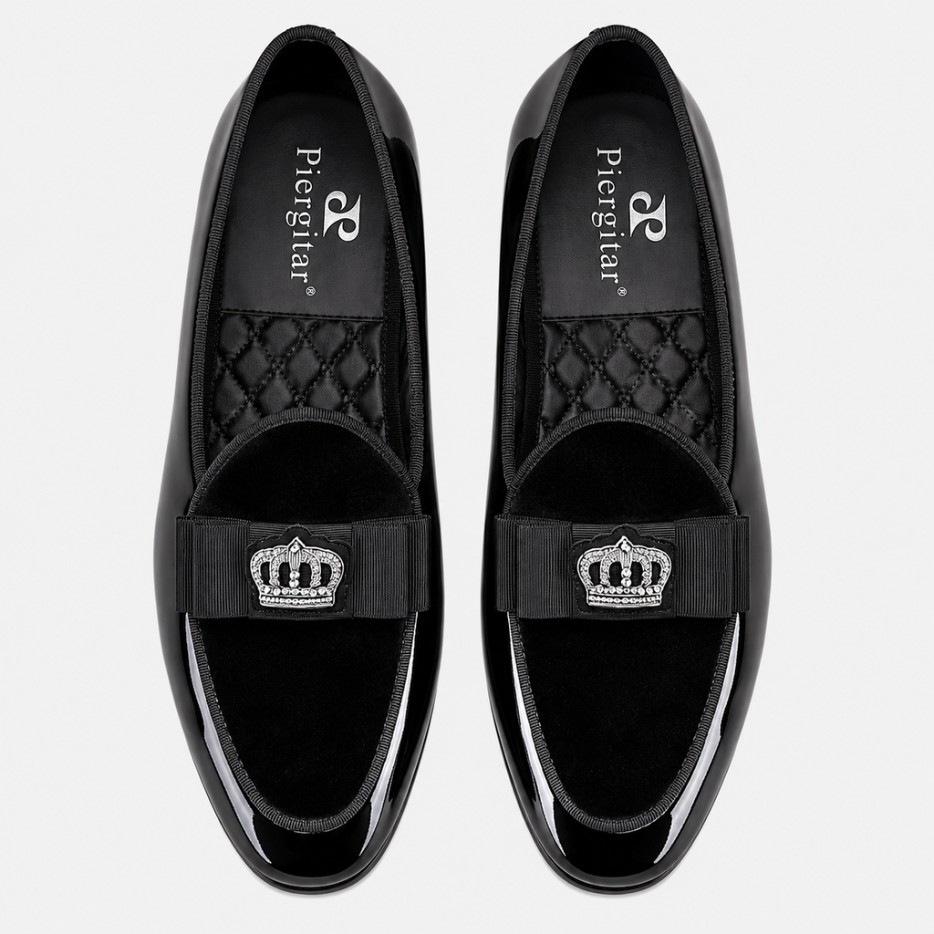 Mens Black Patent Leather Loafers – Handcrafted Crown Embroidery British Style Bow Tie Shoes