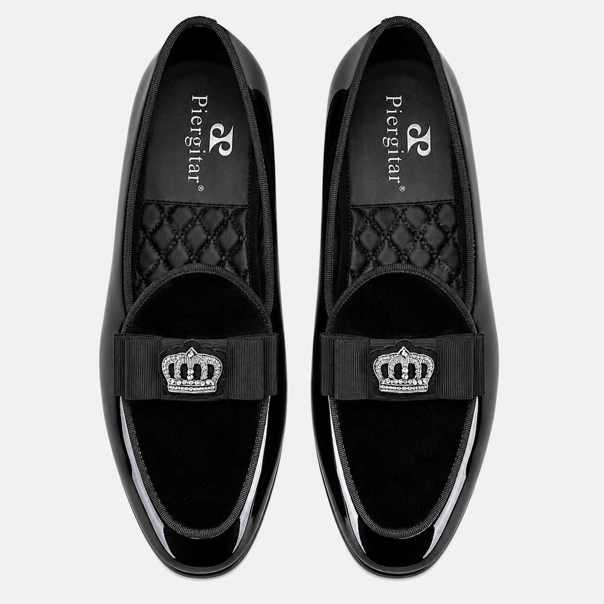 Mens Black Patent Leather Loafers – Handcrafted Crown Embroidery British Style Bow Tie Shoes