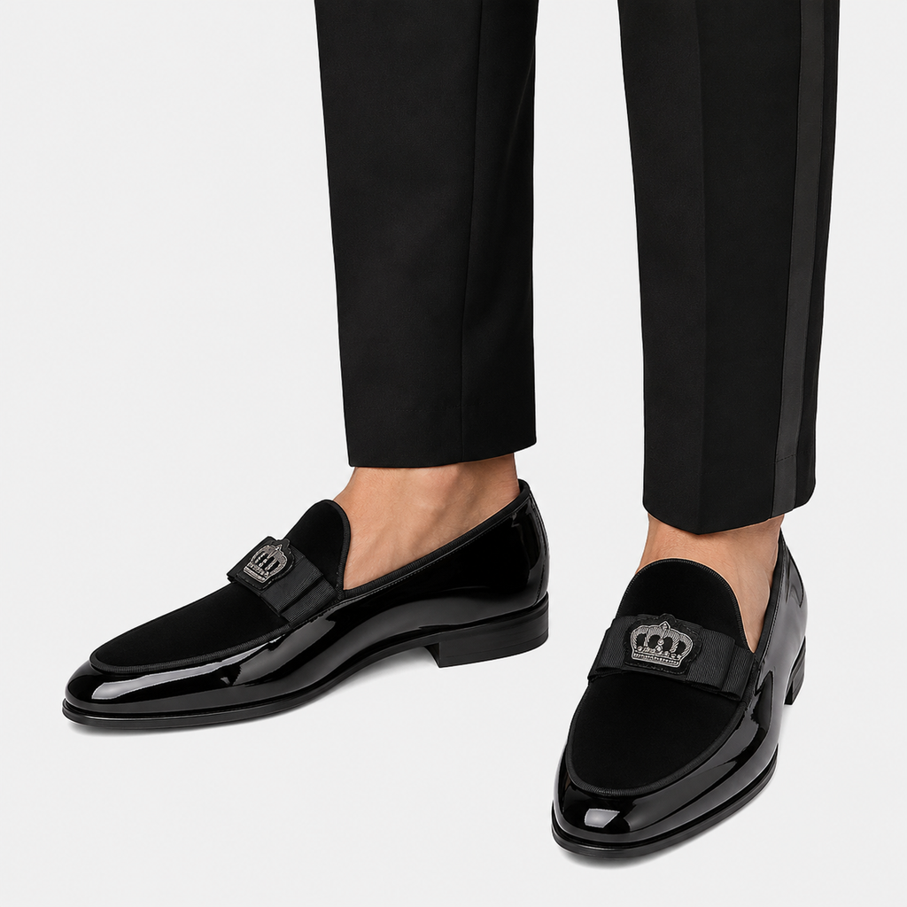 Mens Black Patent Leather Loafers – Handcrafted Crown Embroidery British Style Bow Tie Shoes
