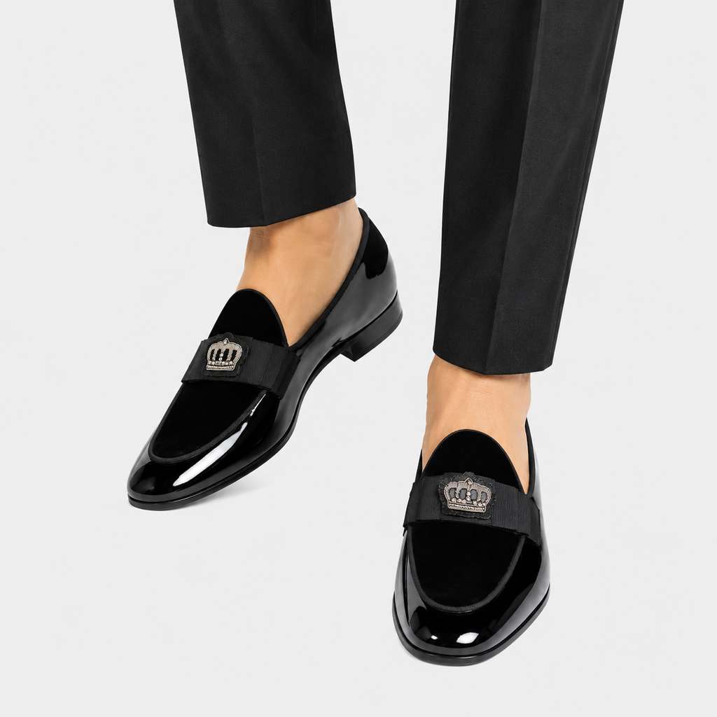 Mens Black Patent Leather Loafers – Handcrafted Crown Embroidery British Style Bow Tie Shoes