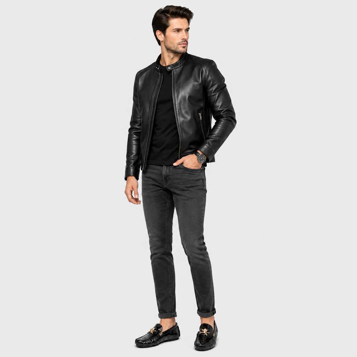 Mens Black Patent Leather Skull Loafers – Luxury Stylish Casual Slip-On Shoes