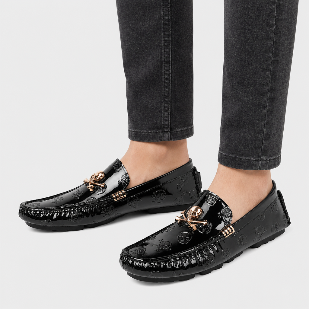 Mens Black Patent Leather Skull Loafers – Luxury Stylish Casual Slip-On Shoes