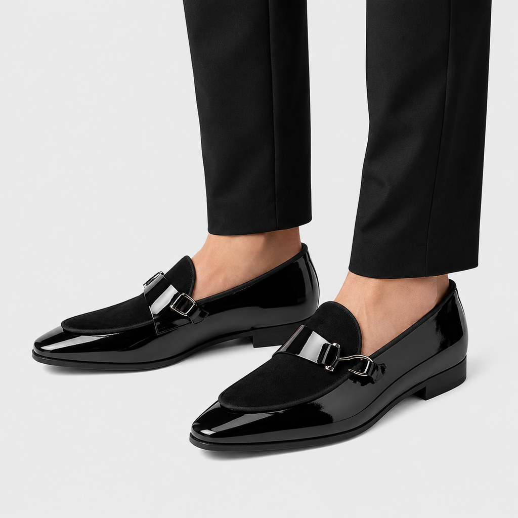 Mens Black Patent Leather Monk Loafers – Classic Comfortable Slip-On Shoes