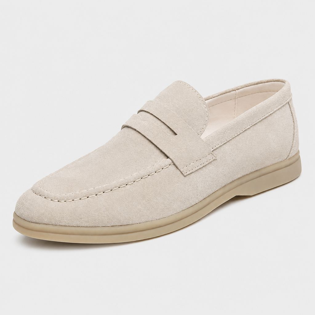 Mens Beige Genuine Leather Suede Loafers – Luxury Soft Casual Driving Slip-On Shoes