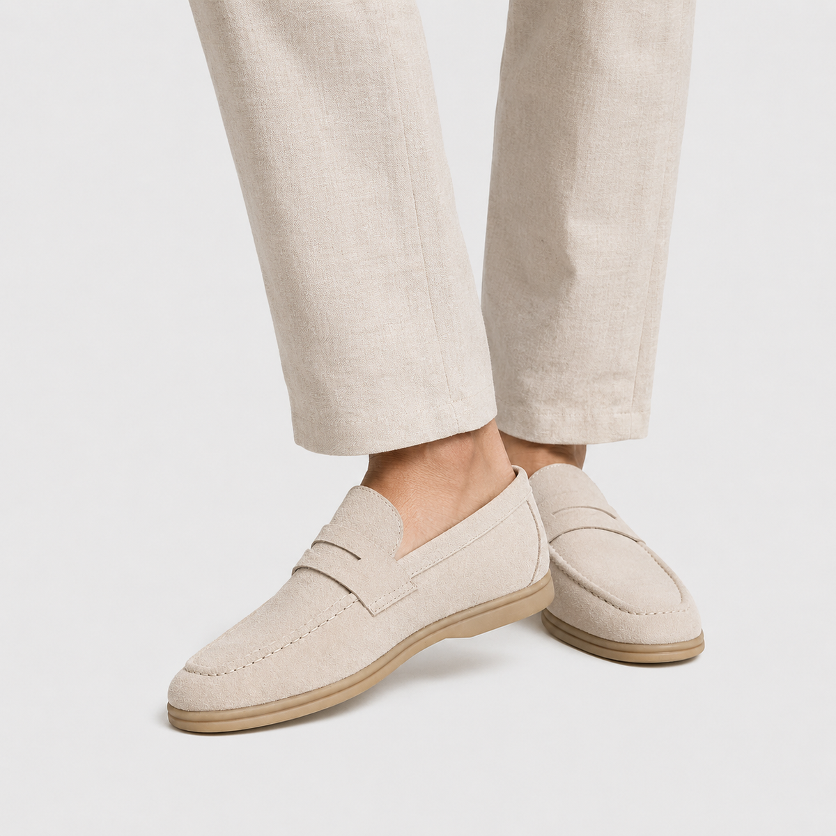 Mens Beige Genuine Leather Suede Loafers – Luxury Soft Casual Driving Slip-On Shoes