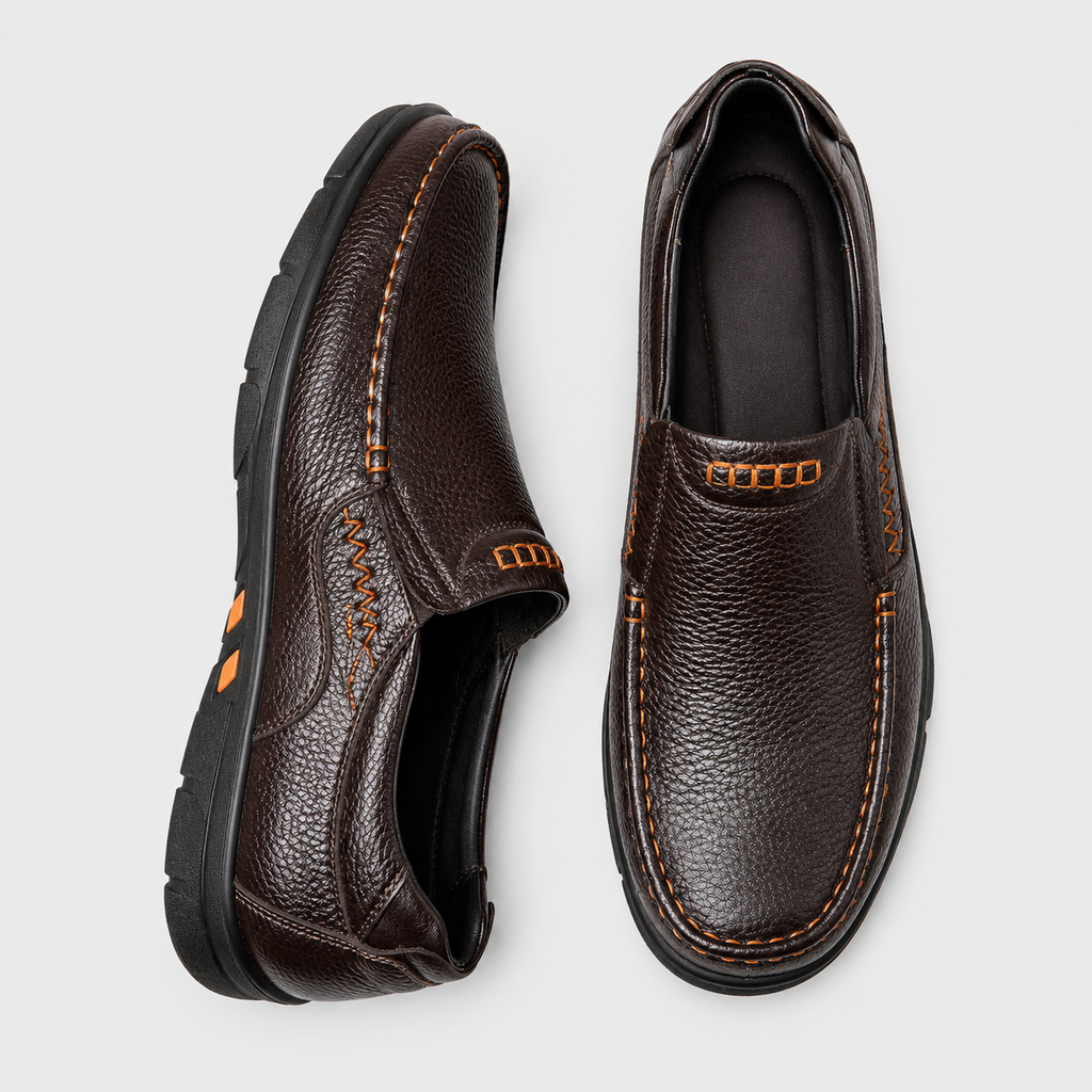 Mens Genuine Cowhide Leather Loafers – Soft Casual Black Brown Slip-On Shoes