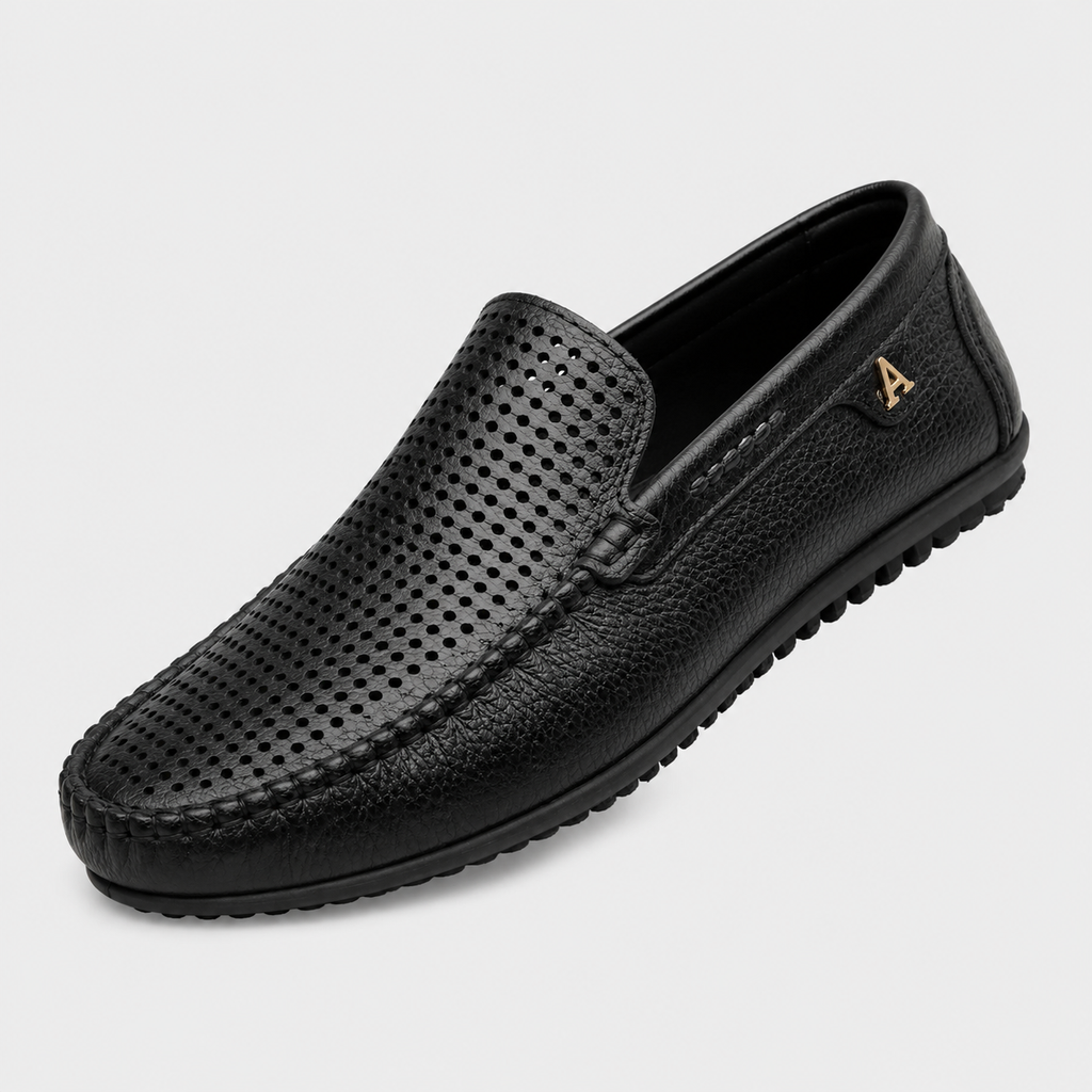 Mens Black Genuine Leather Loafers – Luxury Business Formal Casual Driving Slip-On Shoes