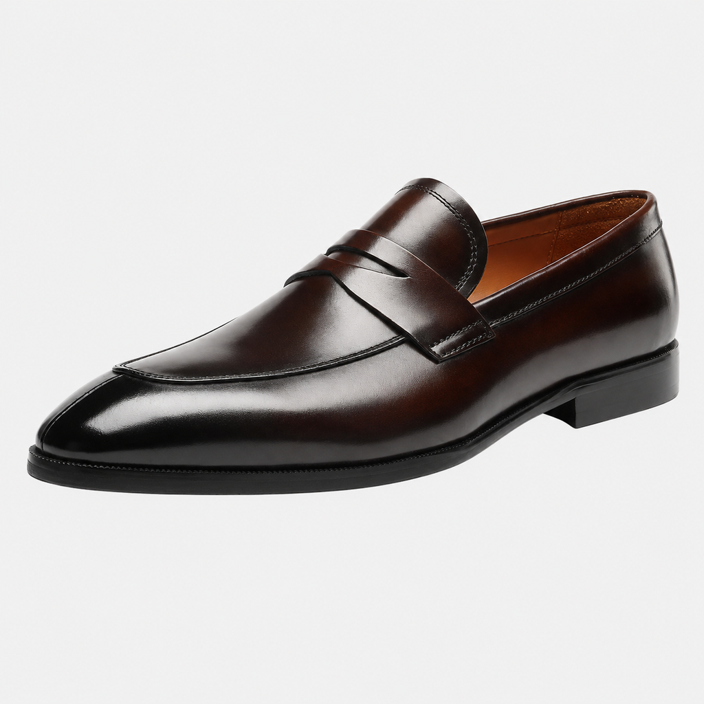 Mens Full Grain Leather Penny Loafers – Brown Elegant Wedding Business Formal Dress Shoes