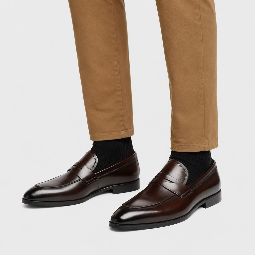 Mens Full Grain Leather Penny Loafers – Brown Elegant Wedding Business Formal Dress Shoes