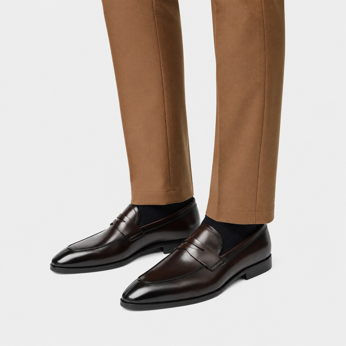 Mens Full Grain Leather Penny Loafers – Brown Elegant Wedding Business Formal Dress Shoes