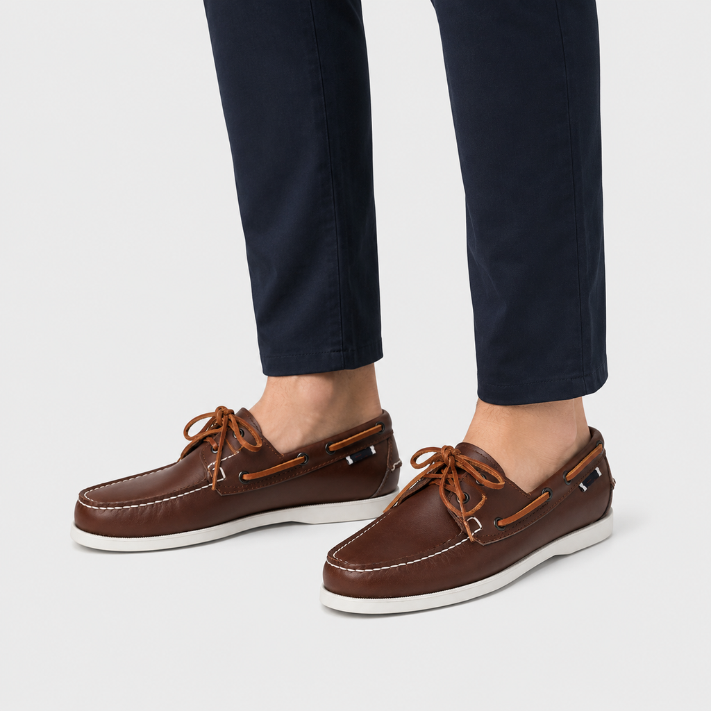Mens Brown Genuine Leather Boat Loafers – Retro Driving Dockside Classic Flat Shoes