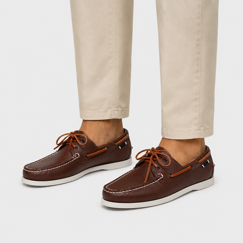 Mens Brown Genuine Leather Boat Loafers – Retro Driving Dockside Classic Flat Shoes