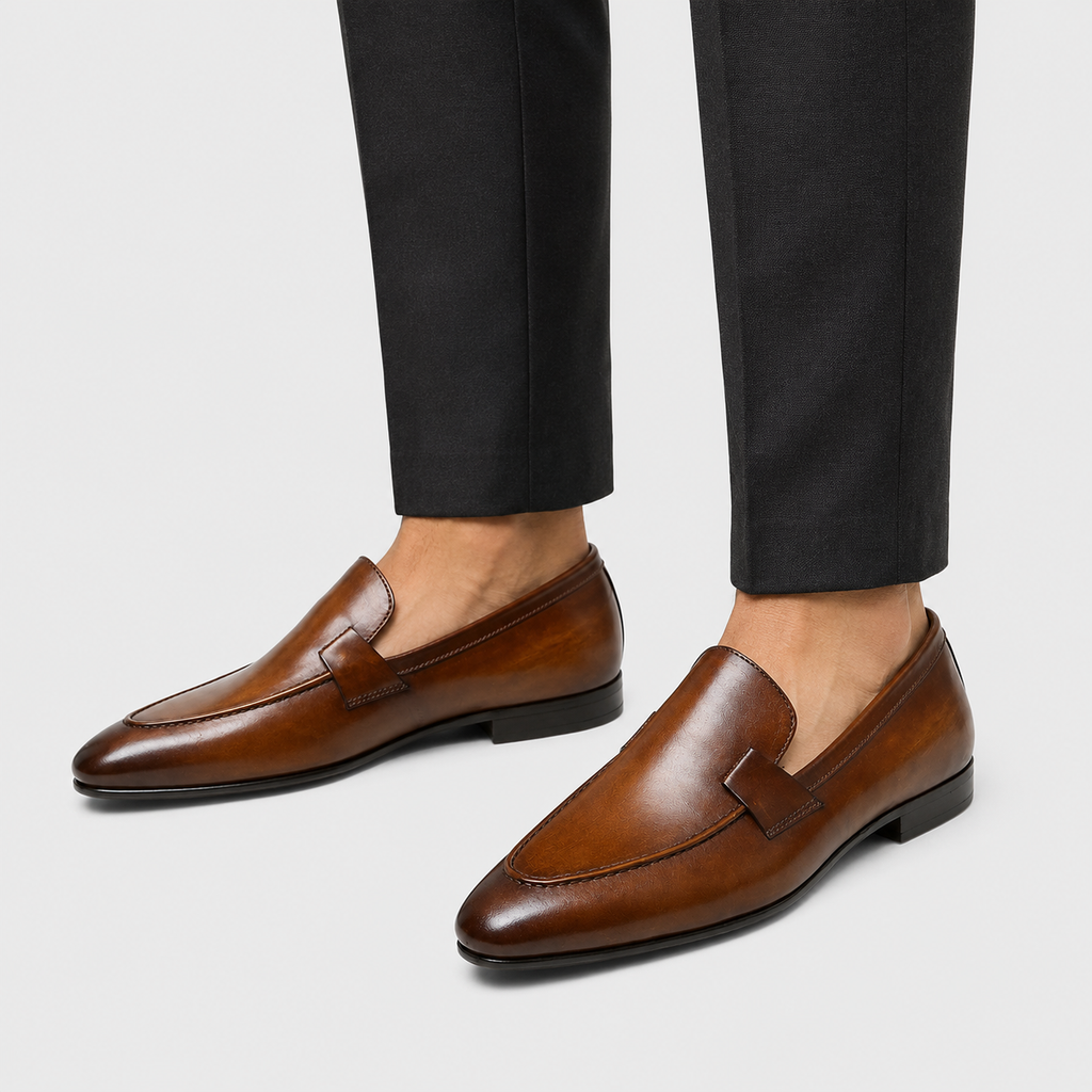 Mens Handmade Leather Loafers – Designer Brown Business Casual Dress Shoes