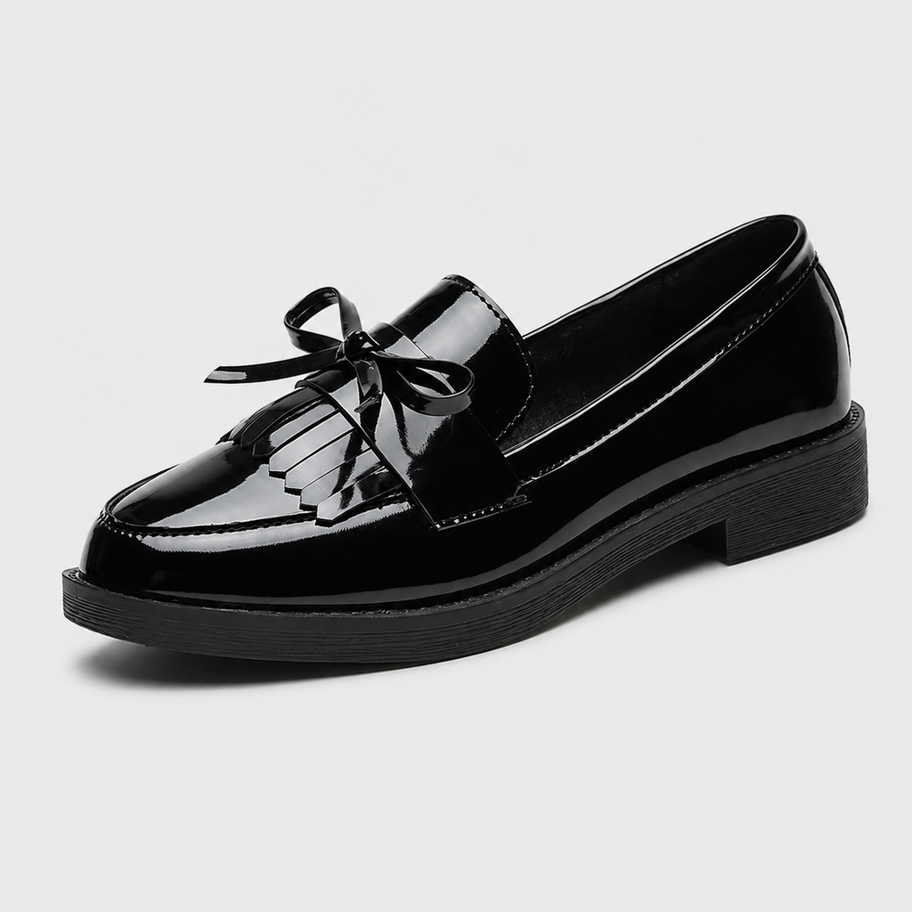 Womens Black Patent Leather Tassel Loafers – British Style Bowknot Casual Flat Shoes