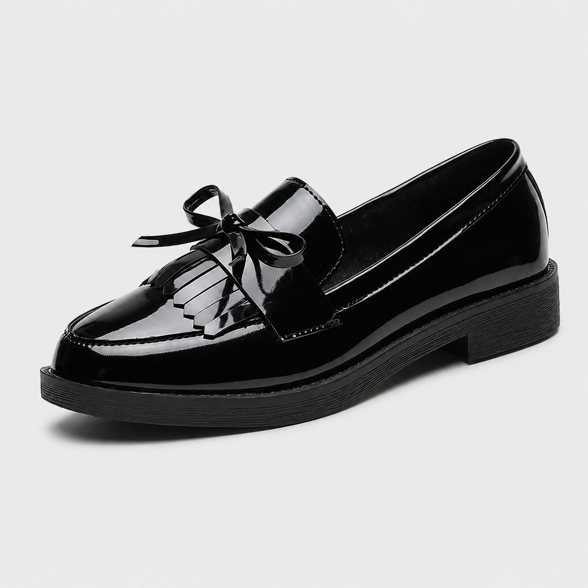 Womens Black Patent Leather Tassel Loafers – British Style Bowknot Casual Flat Shoes