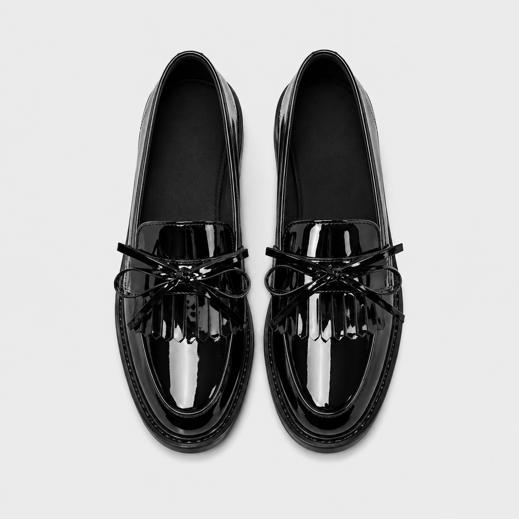 Womens Black Patent Leather Tassel Loafers – British Style Bowknot Casual Flat Shoes