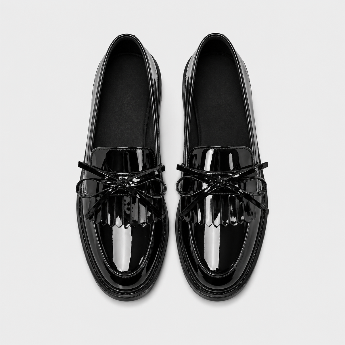 Womens Black Patent Leather Tassel Loafers – British Style Bowknot Casual Flat Shoes