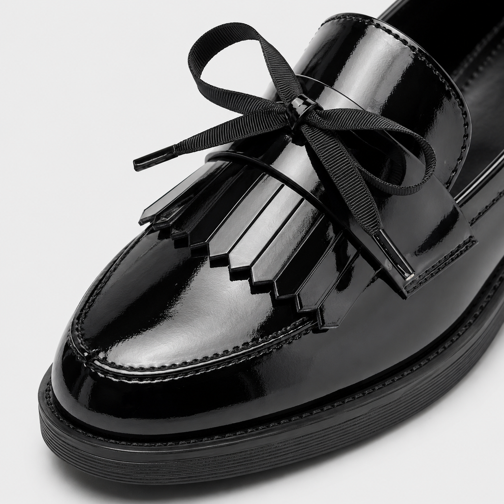 Womens Black Patent Leather Tassel Loafers – British Style Bowknot Casual Flat Shoes