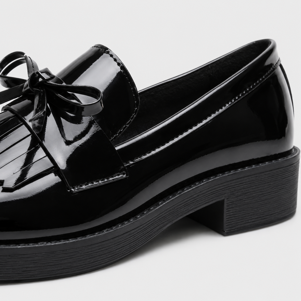Womens Black Patent Leather Tassel Loafers – British Style Bowknot Casual Flat Shoes