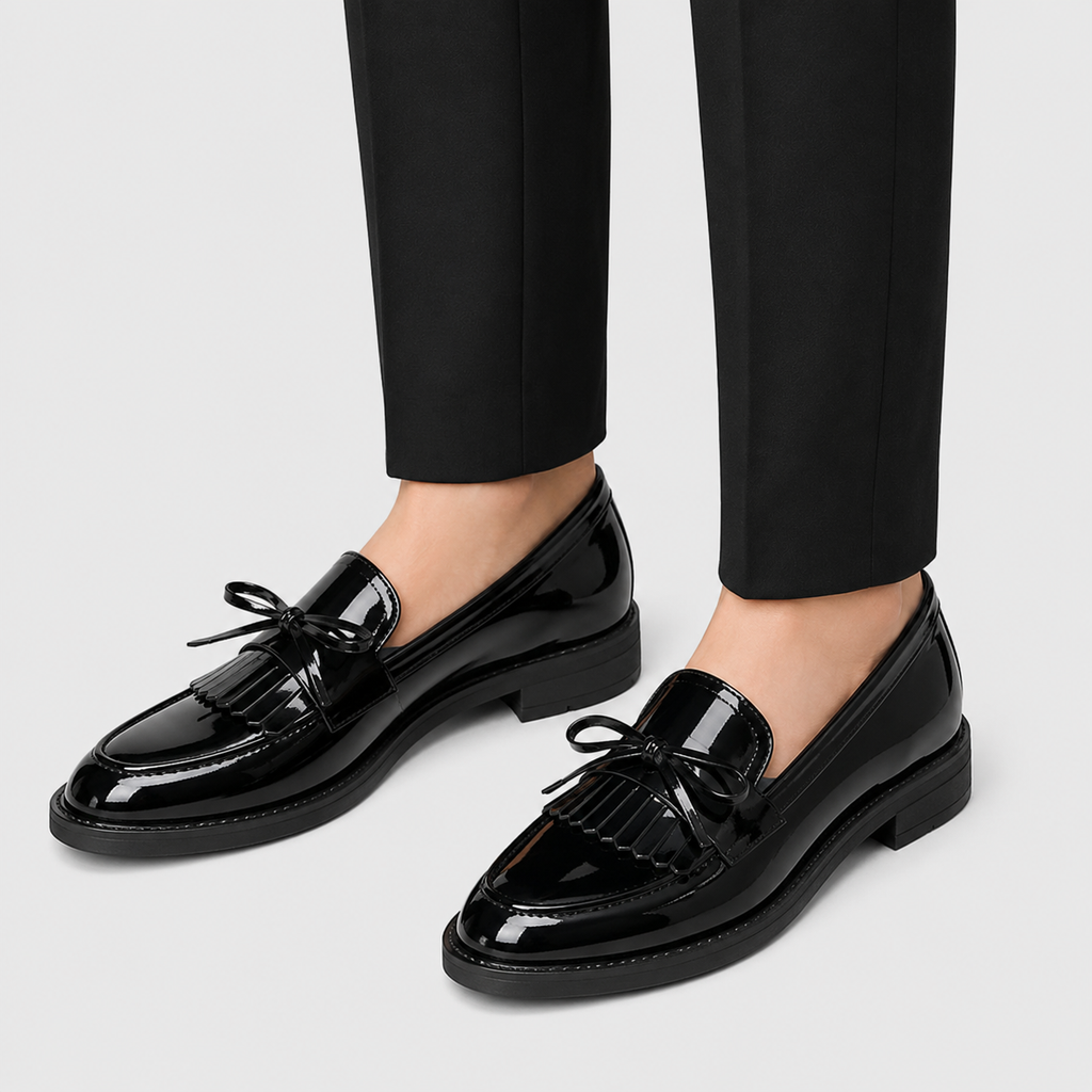 Womens Black Patent Leather Tassel Loafers – British Style Bowknot Casual Flat Shoes