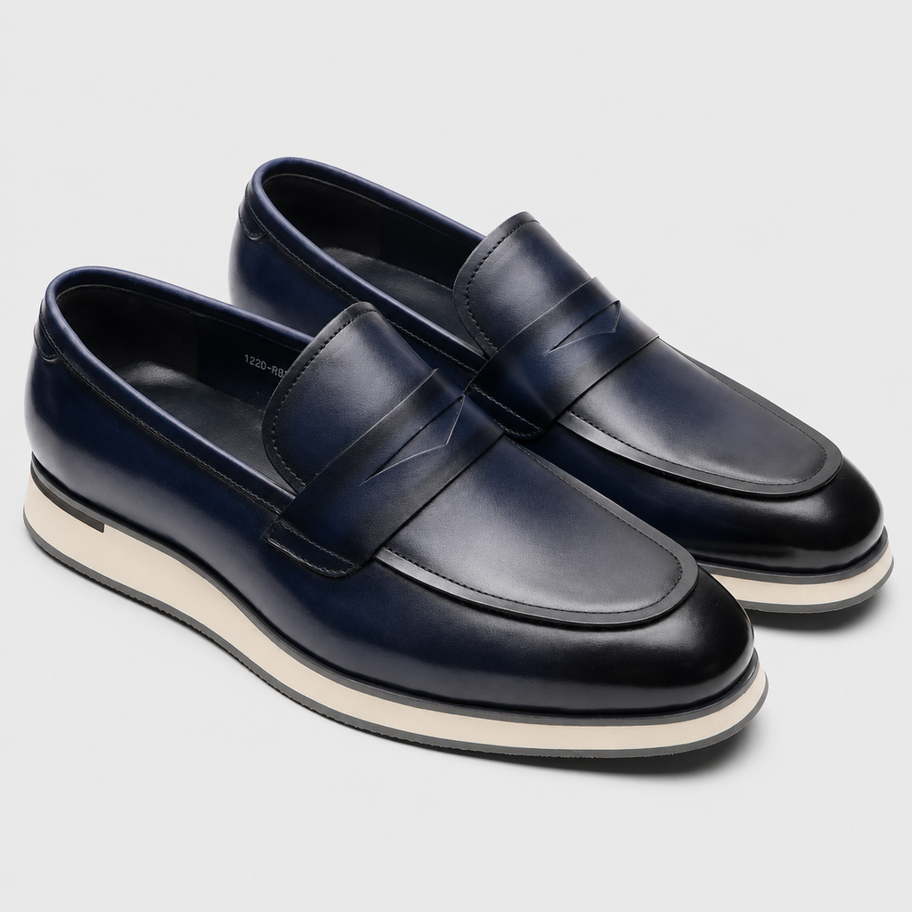 Mens Genuine Leather Penny Loafers – Classic Blue Business Wedding Slip-On Shoes