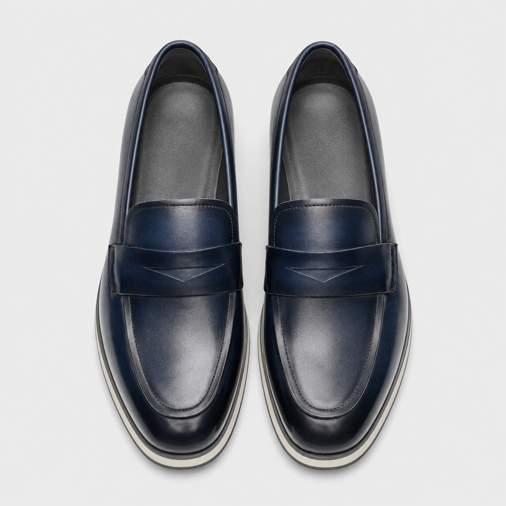 Mens Genuine Leather Penny Loafers – Classic Blue Business Wedding Slip-On Shoes