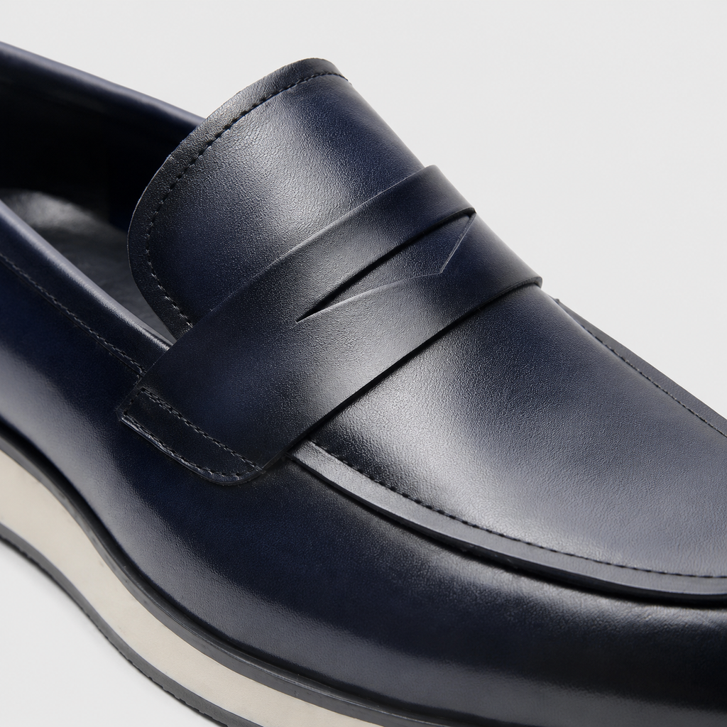 Mens Genuine Leather Penny Loafers – Classic Blue Business Wedding Slip-On Shoes