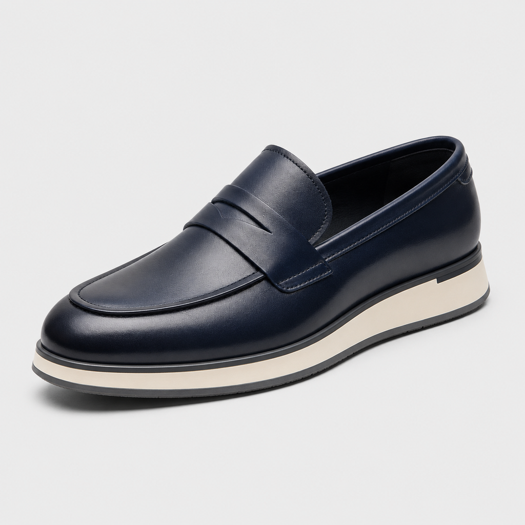 Mens Genuine Leather Penny Loafers – Classic Blue Business Wedding Slip-On Shoes