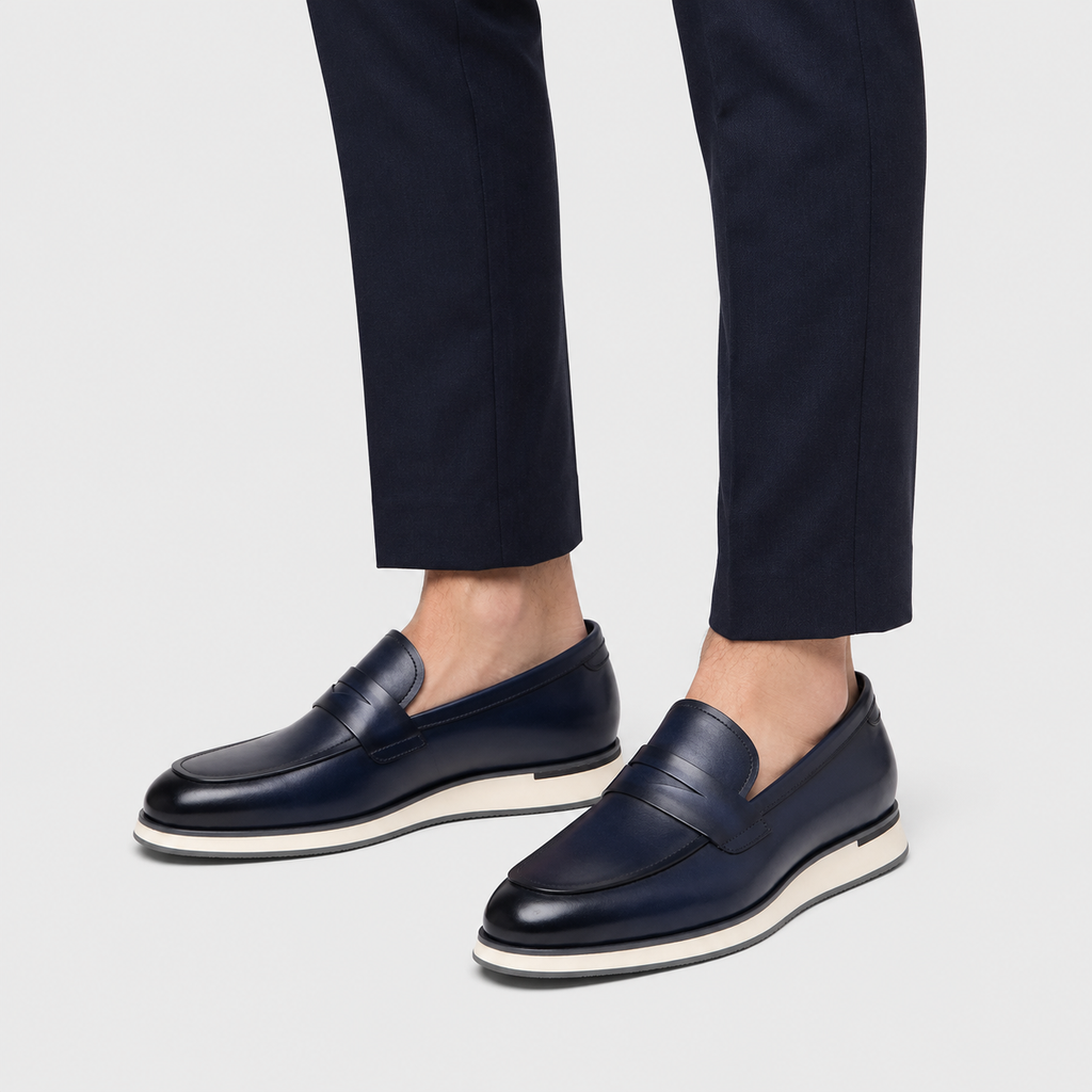 Mens Genuine Leather Penny Loafers – Classic Blue Business Wedding Slip-On Shoes