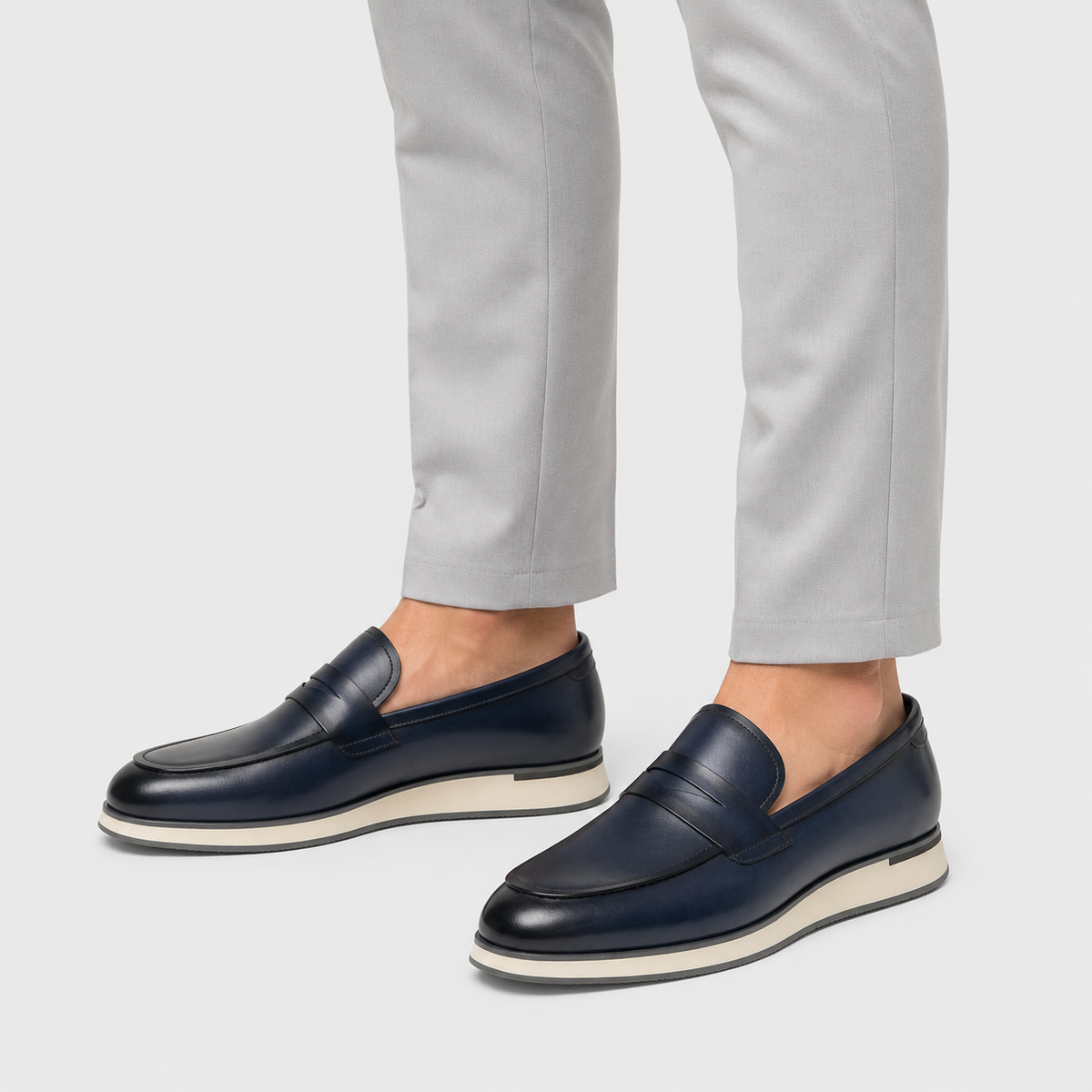 Mens Genuine Leather Penny Loafers – Classic Blue Business Wedding Slip-On Shoes