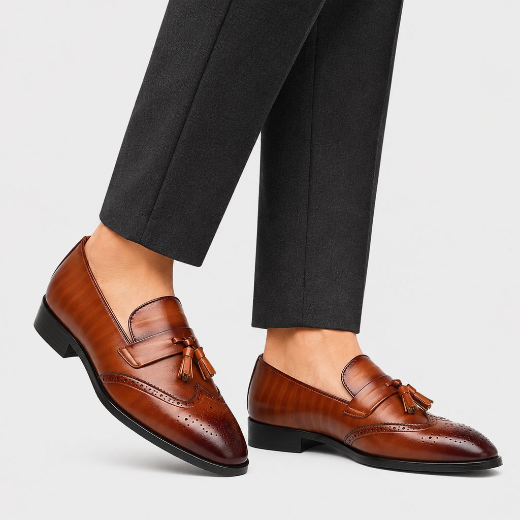 Mens Brown Leather Tassel Brogue Loafers – High Quality Smart Wedding Casual Shoes
