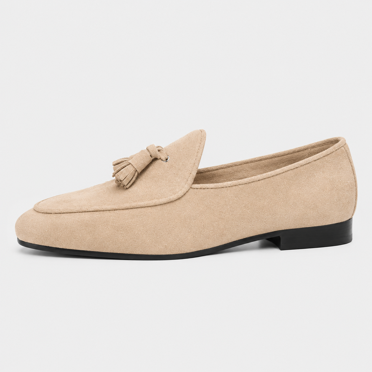 Womens Beige Suede Tassel Loafers – Casual Slip-On Smoking Shoes