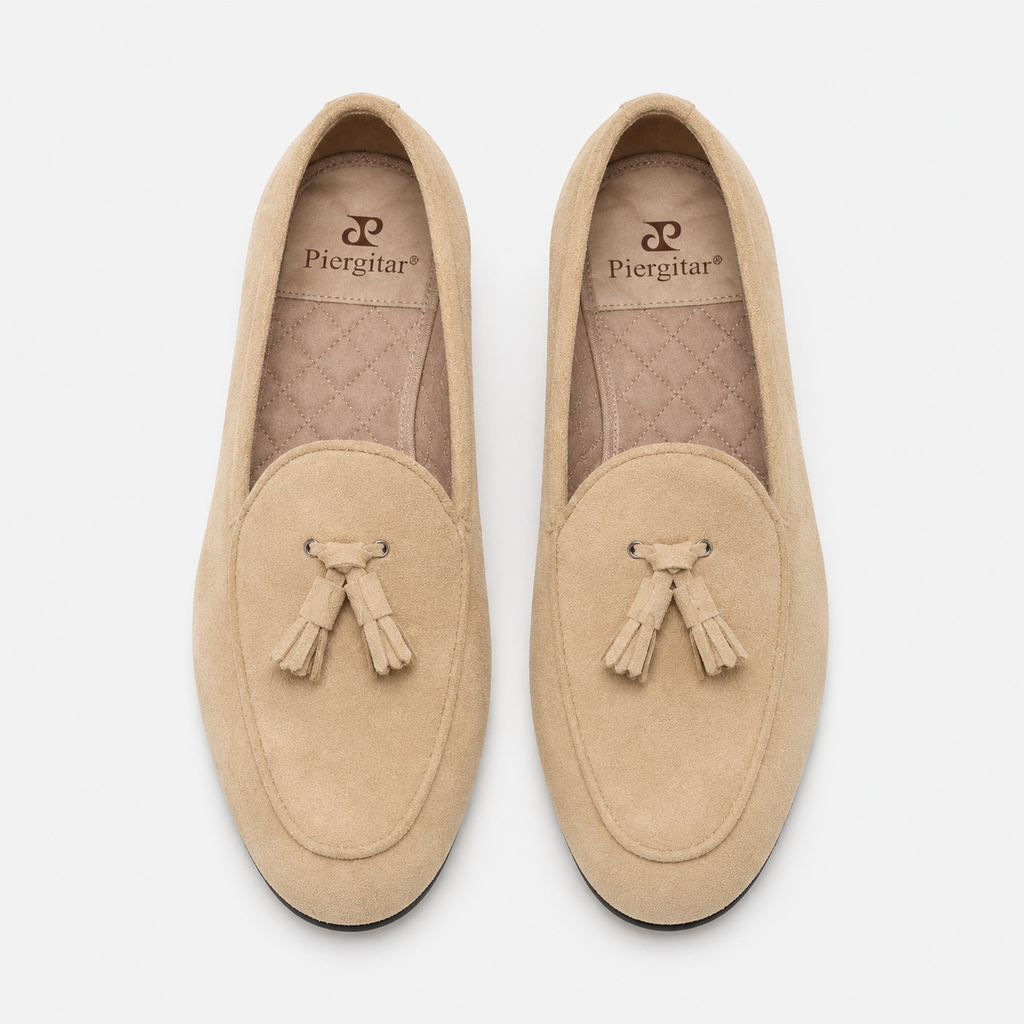 Womens Beige Suede Tassel Loafers – Casual Slip-On Smoking Shoes