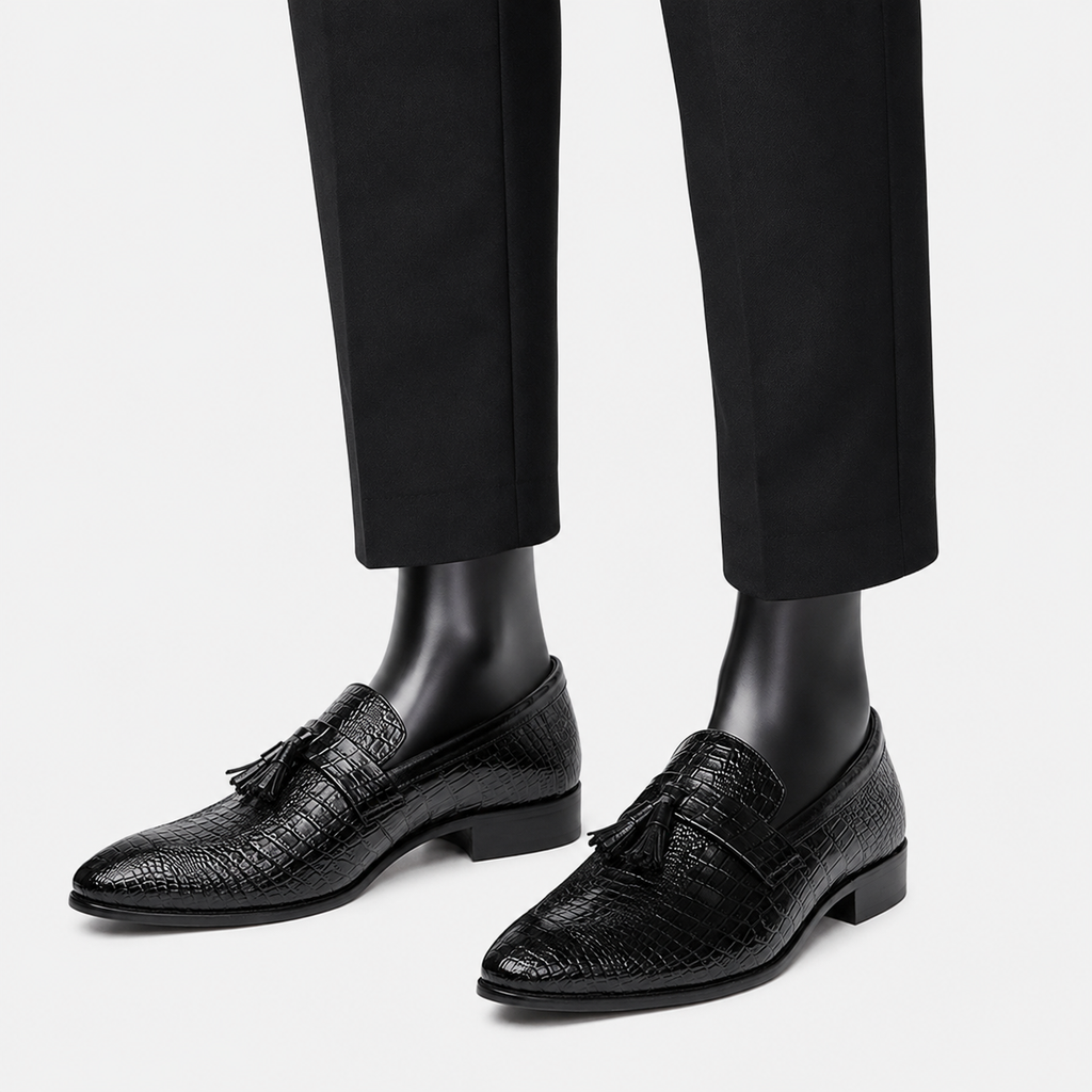 Mens Black Genuine Leather Tassel Loafers – Soft Casual Outdoor Driving Flat Shoes