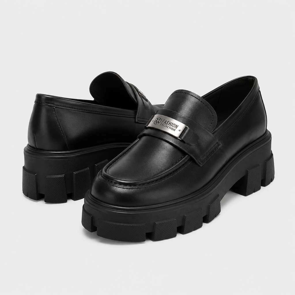 Womens Black Vintage Chunky Loafers – Genuine Leather Platform Height Increasing Shoes