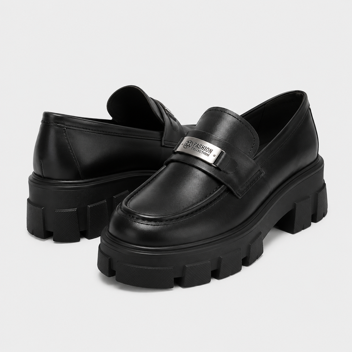 Womens Black Vintage Chunky Loafers – Genuine Leather Platform Height Increasing Shoes