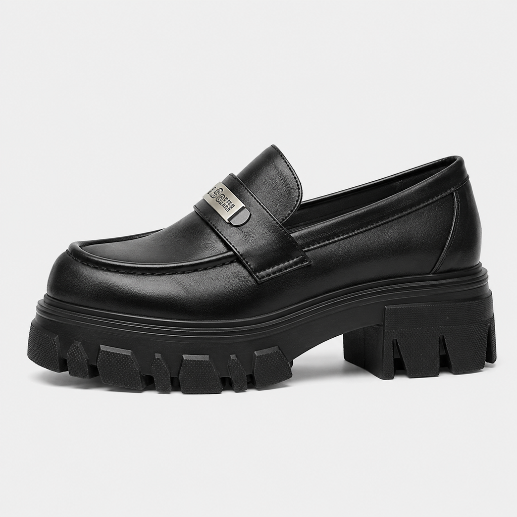 Womens Black Vintage Chunky Loafers – Genuine Leather Platform Height Increasing Shoes