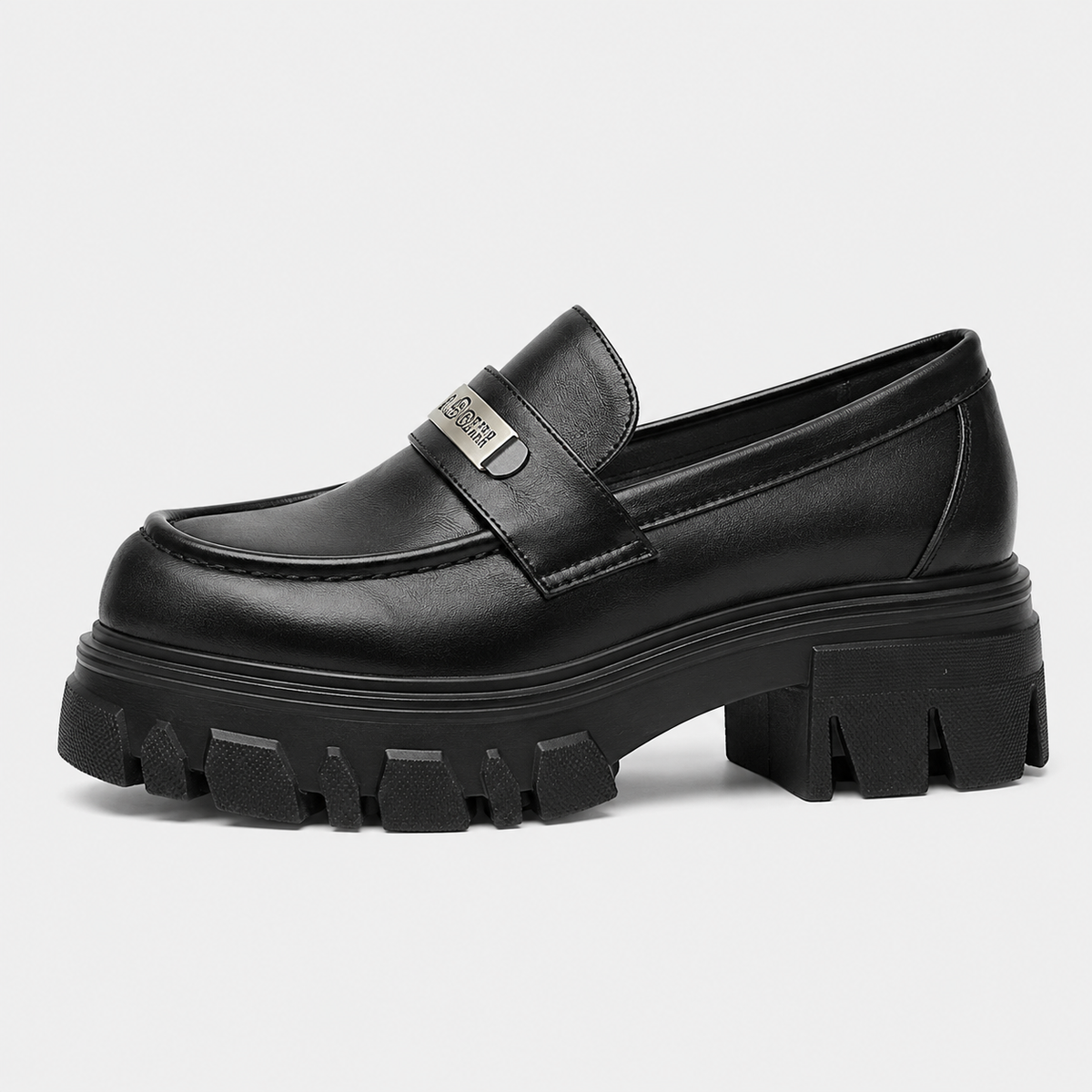 Womens Black Vintage Chunky Loafers – Genuine Leather Platform Height Increasing Shoes