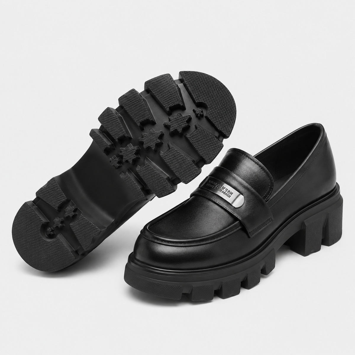 Womens Black Vintage Chunky Loafers – Genuine Leather Platform Height Increasing Shoes