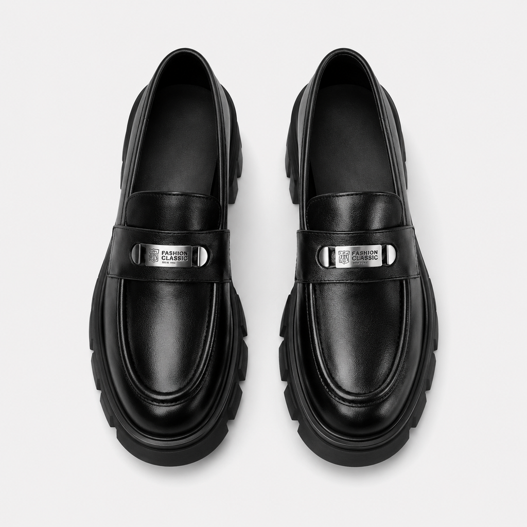 Womens Black Vintage Chunky Loafers – Genuine Leather Platform Height Increasing Shoes