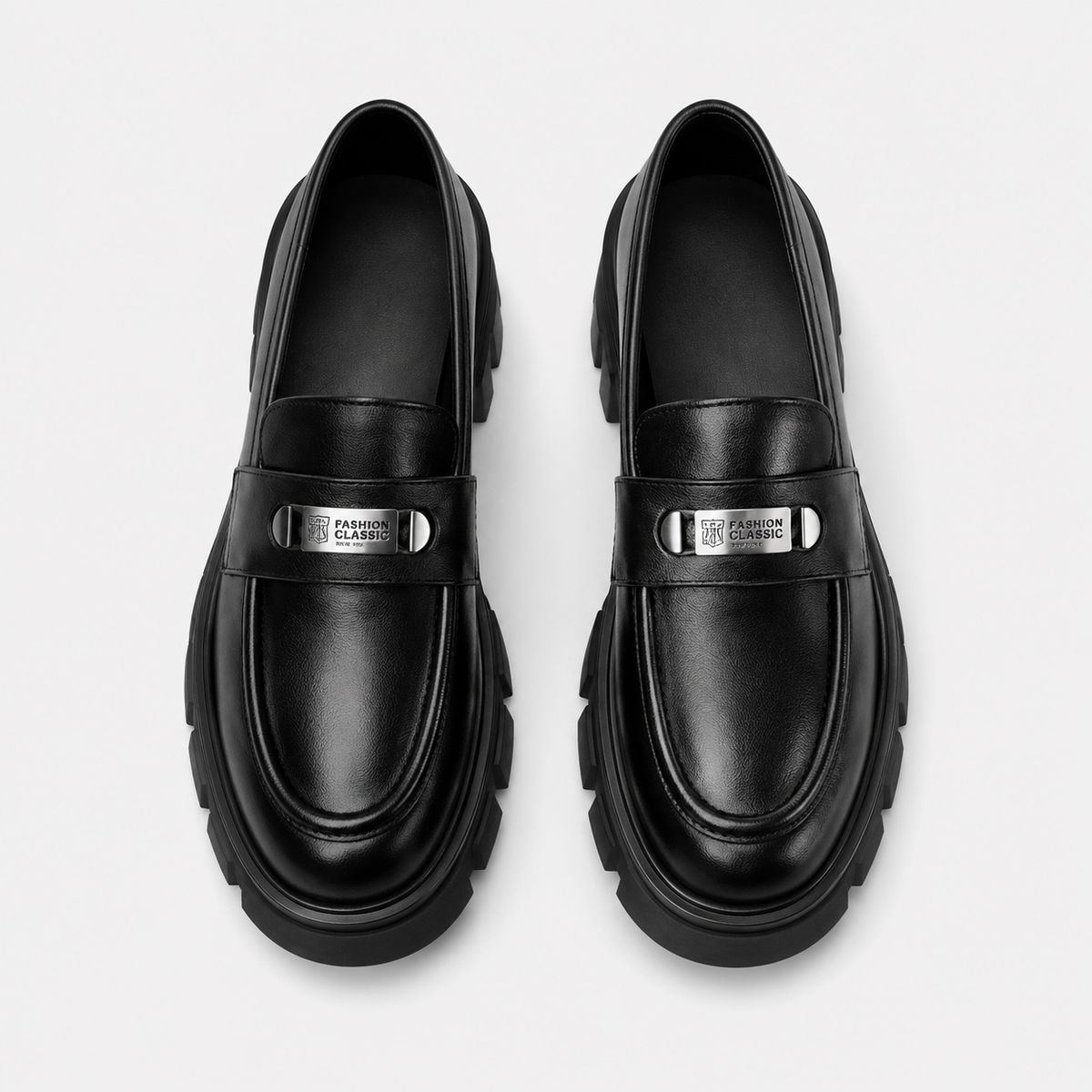 Womens Black Vintage Chunky Loafers – Genuine Leather Platform Height Increasing Shoes