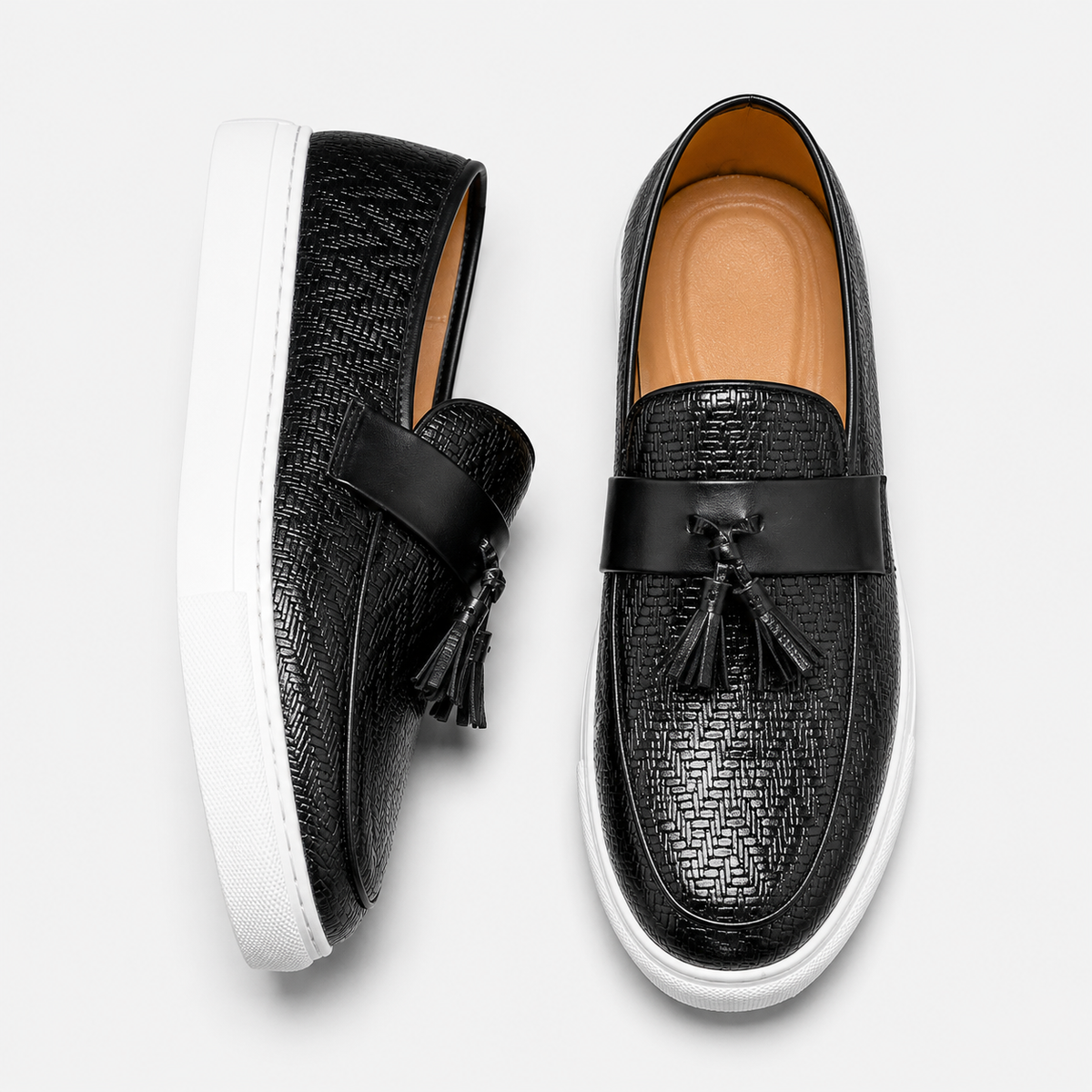 Mens Black Leather Tassel Loafers – Casual Driving Flat Shoes for Party & Wedding