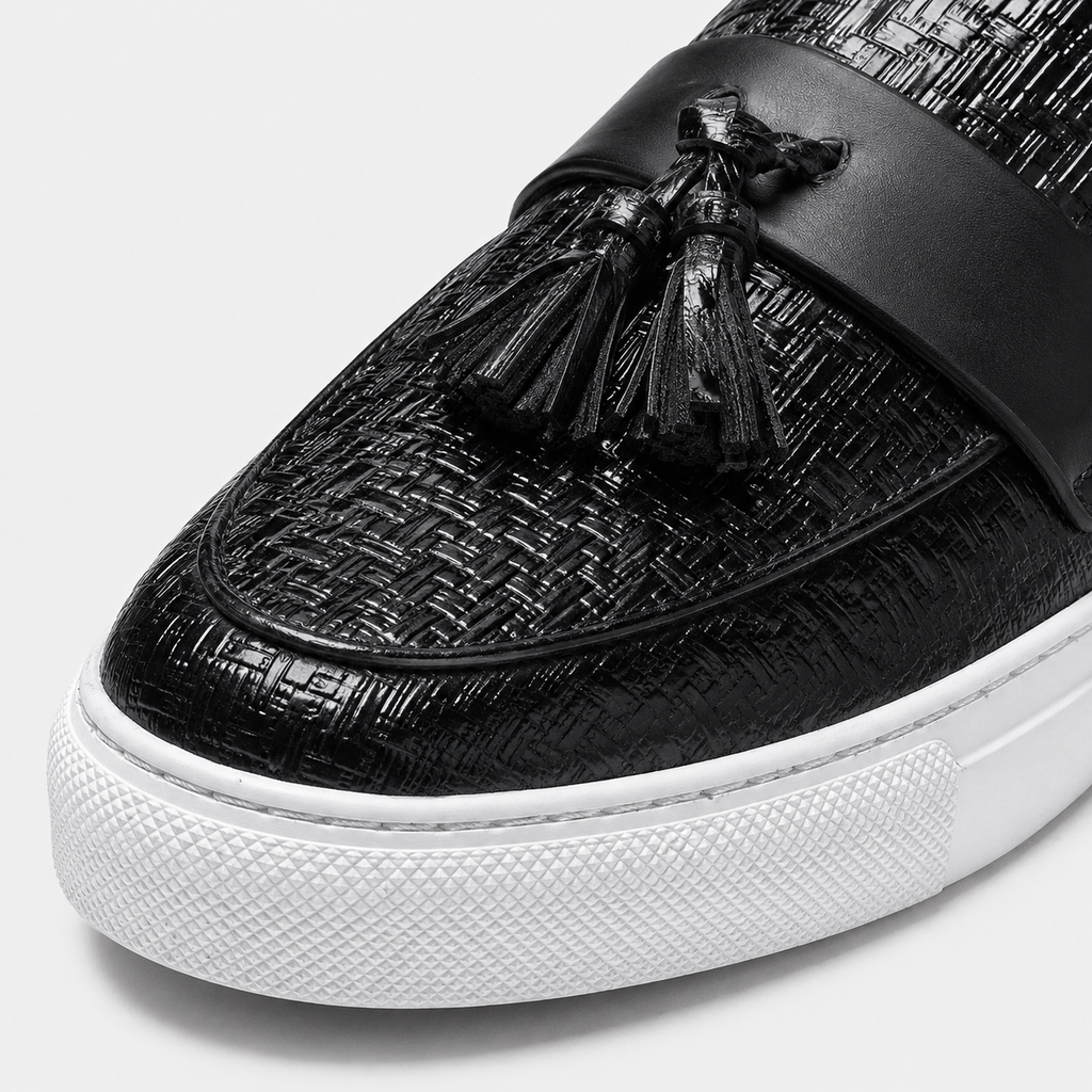 Mens Black Leather Tassel Loafers – Casual Driving Flat Shoes for Party & Wedding