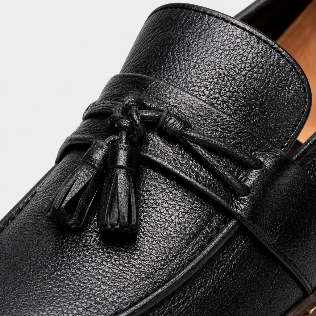 Mens Black Handmade Leather Loafers – British Retro Round Toe Fringe Slip-On Shoes