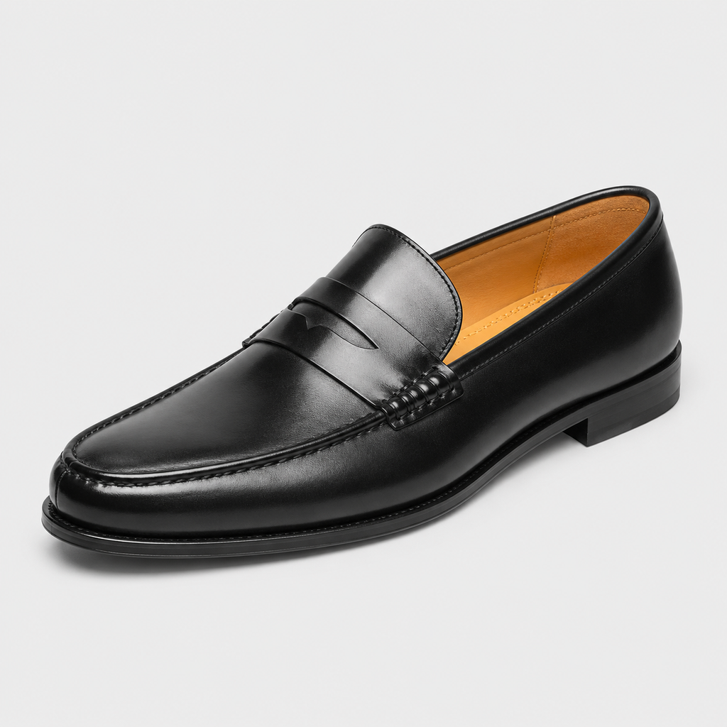 Mens Black Genuine Leather Penny Loafers – Slip-On Business Dress Wedding Office Shoes