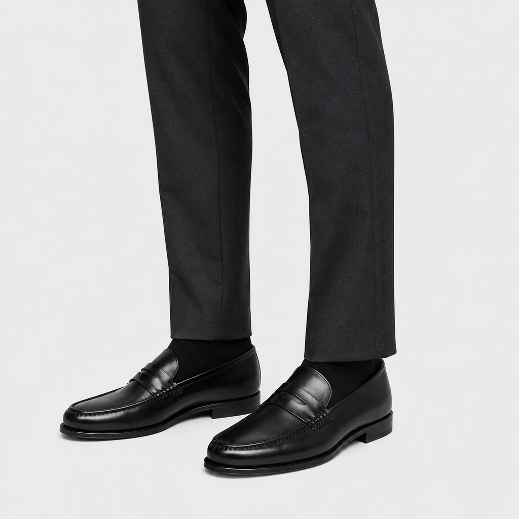 Mens Black Genuine Leather Penny Loafers – Slip-On Business Dress Wedding Office Shoes