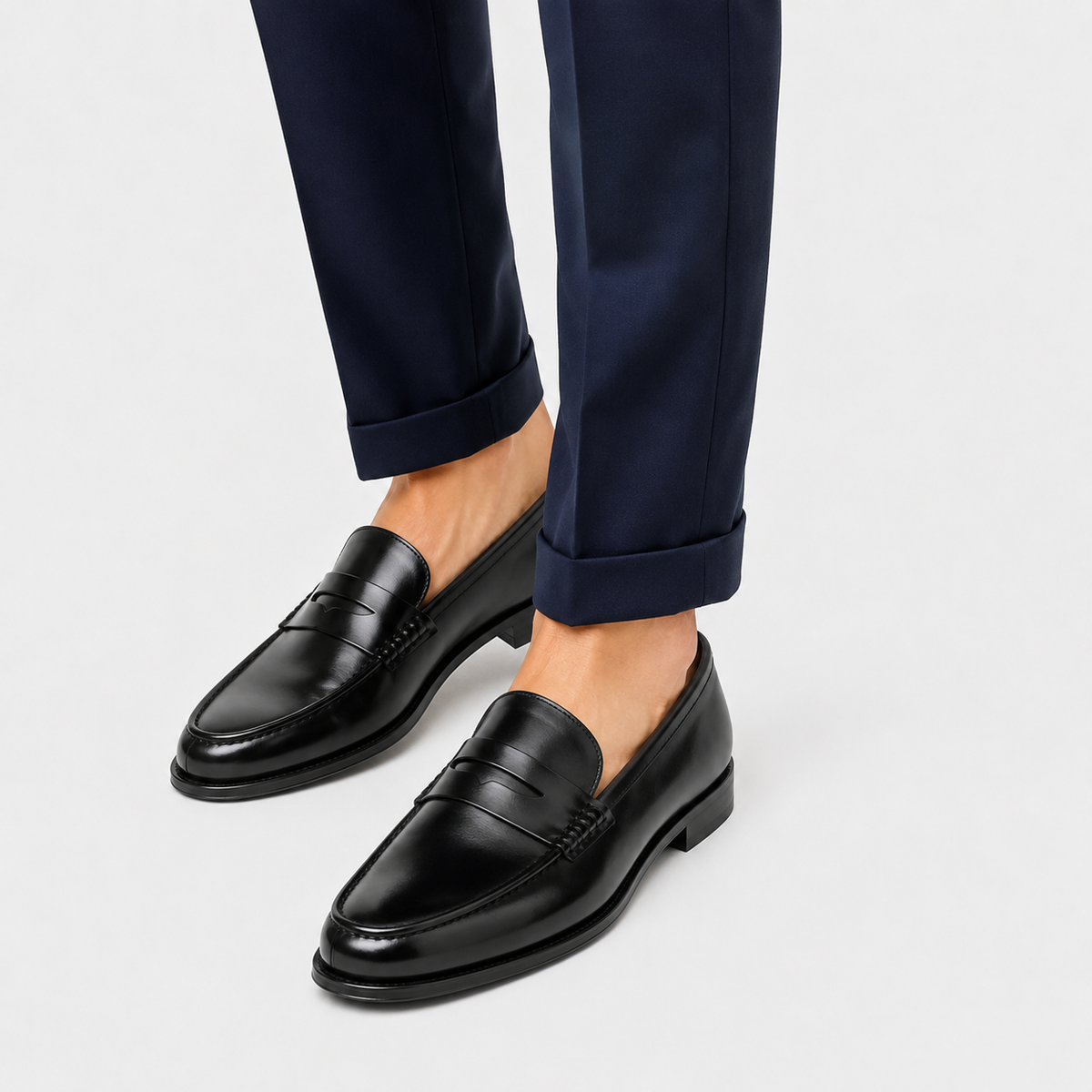 Mens Black Genuine Leather Penny Loafers – Slip-On Business Dress Wedding Office Shoes